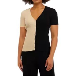 Truth Ribbed Button Front Color Block Cardigan Preppy Modern Quiet Luxury EUC